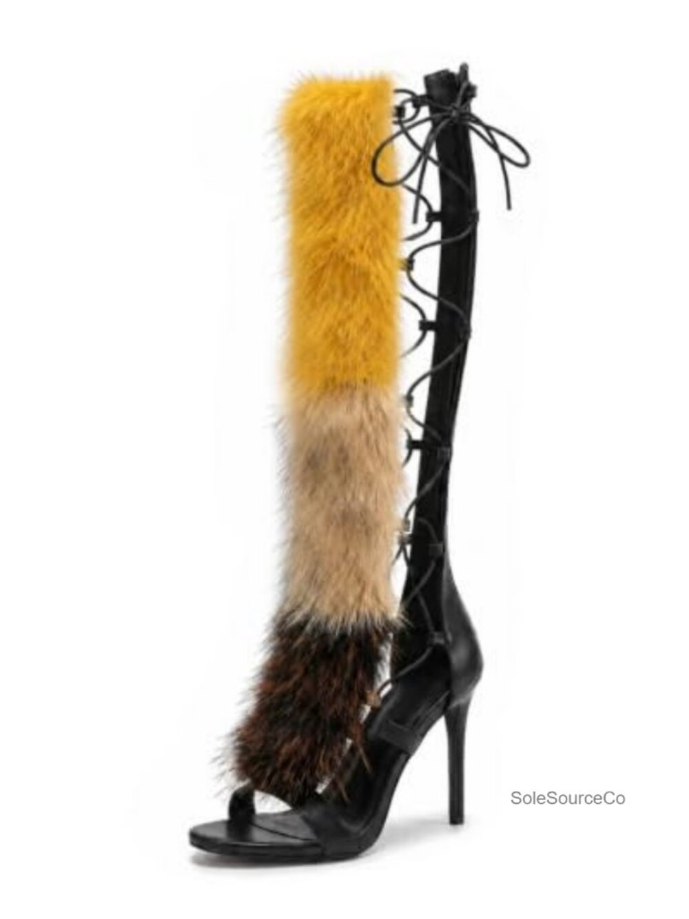Faux Fur Knee High Strappy Lace Up Stiletto Heel Sandal Boots